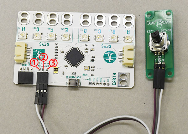 ロータリーエンコーダを接続する ロータリーエンコーダー、超音波距離センサーをキータッチにつなげる