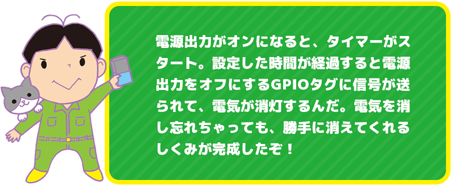 電源出力がオンになると、タイマーがスタート。設定した時間が経過すると電源出力をオフにするGPIOタグに信号が送られて、電気が消灯するんだ。電気を消し忘れちゃっても、勝手に消えてくれるしくみが完成したぞ!