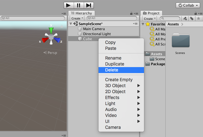 Hierarchyウィンドウの「Cube」で右クリックして、表示されたメニューから「Delete」を選ぶ