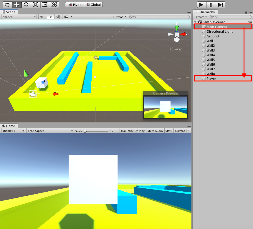 Hierarchyウィンドウで「Main Camera」を「Player」にドラッグ＆ドロップする。