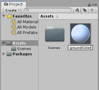 Assetsにできた「Material」の名前を「groundColor」に変える。