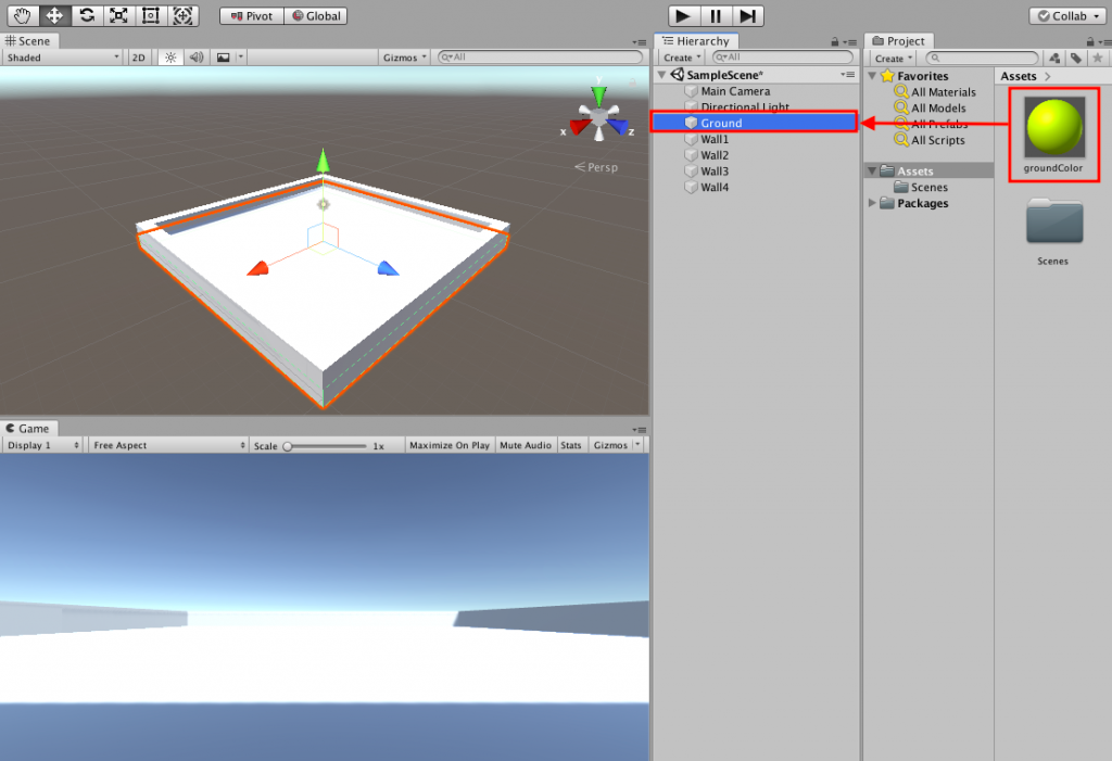 色を変えた「groundColor」 をHierarchyウィンドウにある「Ground」へドラッグ＆ドロップ