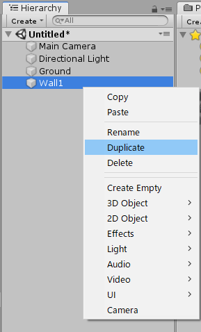 Hierarchyウィンドウで「Wall1」を右クリックして、表示されるメニューから「Duplicate」を選ぶ