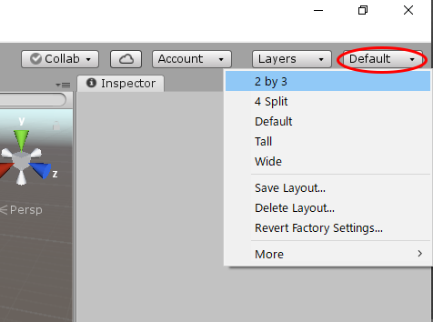 Unityエディターの「Layout」を押すと、メニューが表示されるので「2 by 3」を選ぶ
