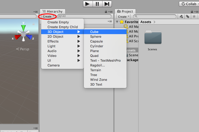 Hierarchyウィンドウの「Create」をクリックして、表示されるメニューから「3D Object」の「Cube」を選択