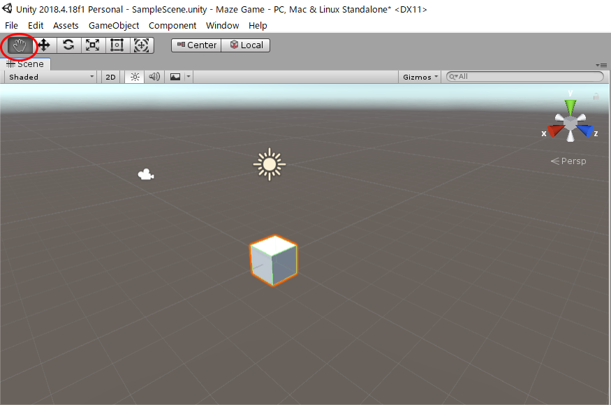 Sceneビューの上にある、手のボタン（Hand Toolボタン）をクリックしてから、Sceneビューのなかで、マウスのボタンを押しながら動かしてみよう。