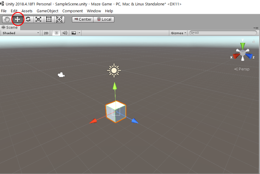 十字の矢印ボタン（Move Toolボタン）をクリックして、ゲームオブジェクトをクリックしてみよう。オブジェクトのまわりに矢印が表示される。