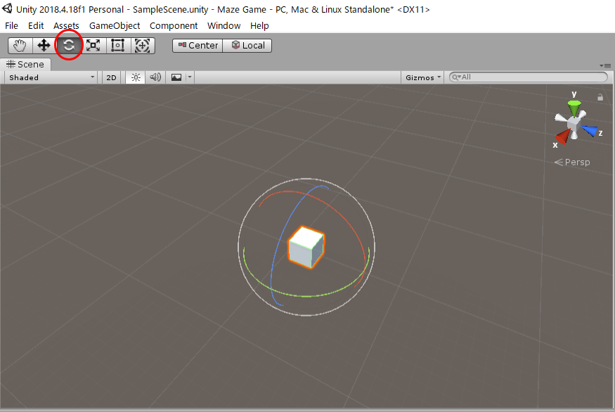 矢印が円になっているボタン（Rotate Toolボタン）をクリックしてみよう。ゲームオブジェクトの周りに円が表示される