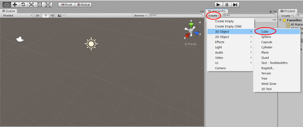 Hierarchyウィンドウで、「Create」をクリックすると表示されるメニューから、「3D Object」の「Cube」をクリック