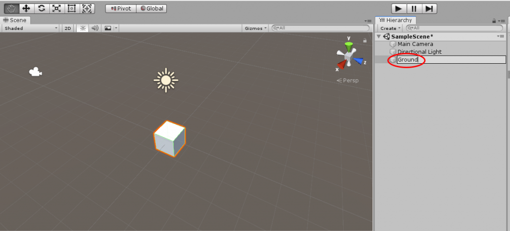 Sceneビューに表示された「Cube」オブジェクトの名前を「Ground」に変える