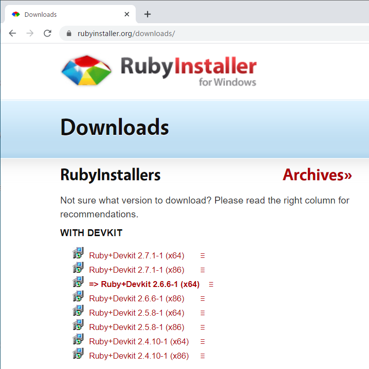 Rubyのインストーラーをダウンロードできるサイト「RubyInstallers」